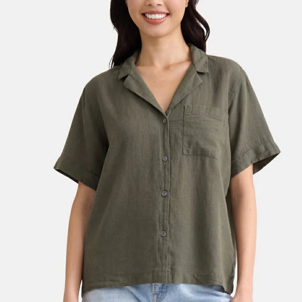 Time and Tru Linen Blend Cropped Camp Short Sleeve Button Down Shirt/L